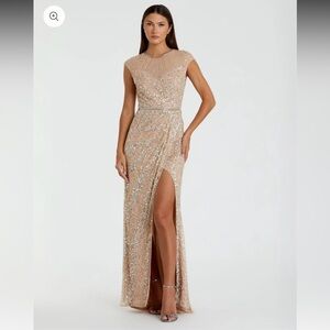 Mac Duggal Beige Embellished Illusion High Neck Cap Sleeve Gown